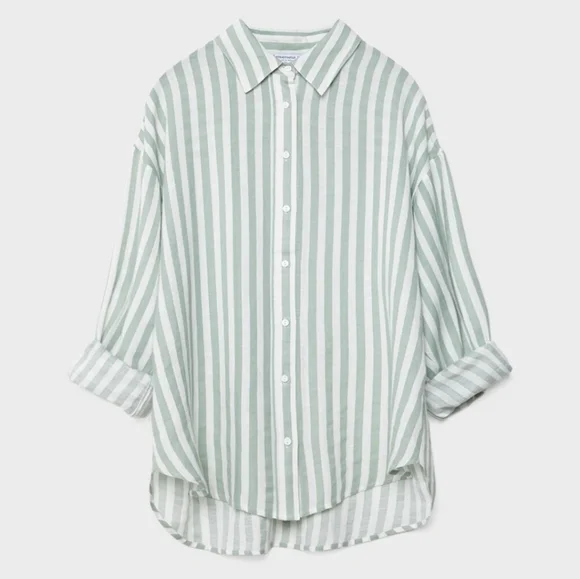 Stradivarius Green White Oversized Button Down Shirt, XS - Picture 2 of 11